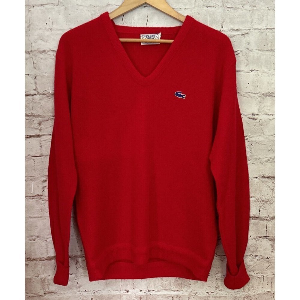 Vintage IZOD Lacoste Sweater Mens LARGE Red V Neck Pullover Long Sleeve Acrylic